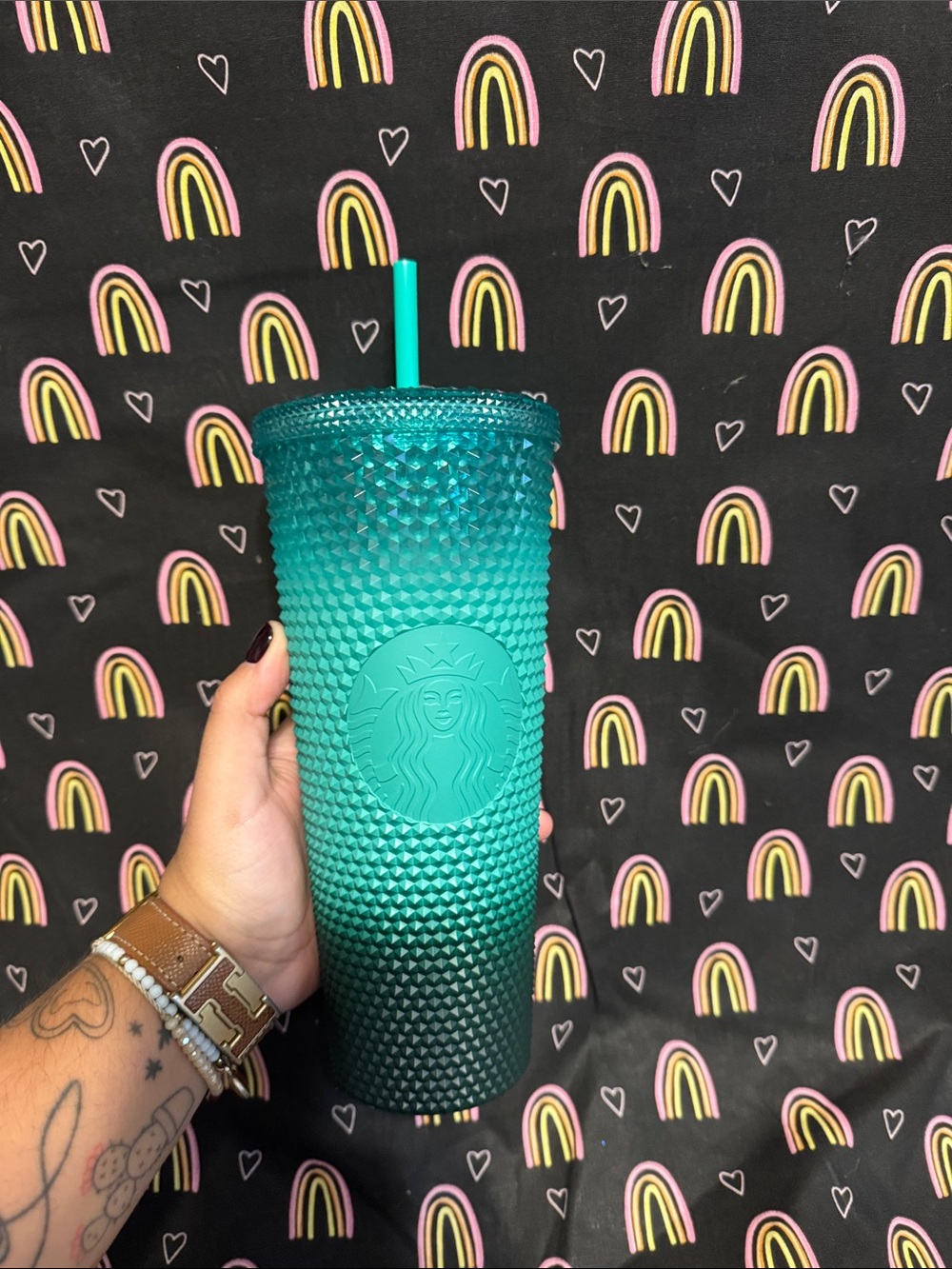 Starbucks Mint Green and Dark Teal Ombré "Waxberry" Gradient Studded Cold Cup